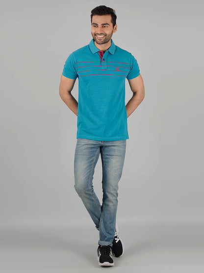 Turquoise Blue Striped Slim Fit Polo T-Shirt | Greenfibre