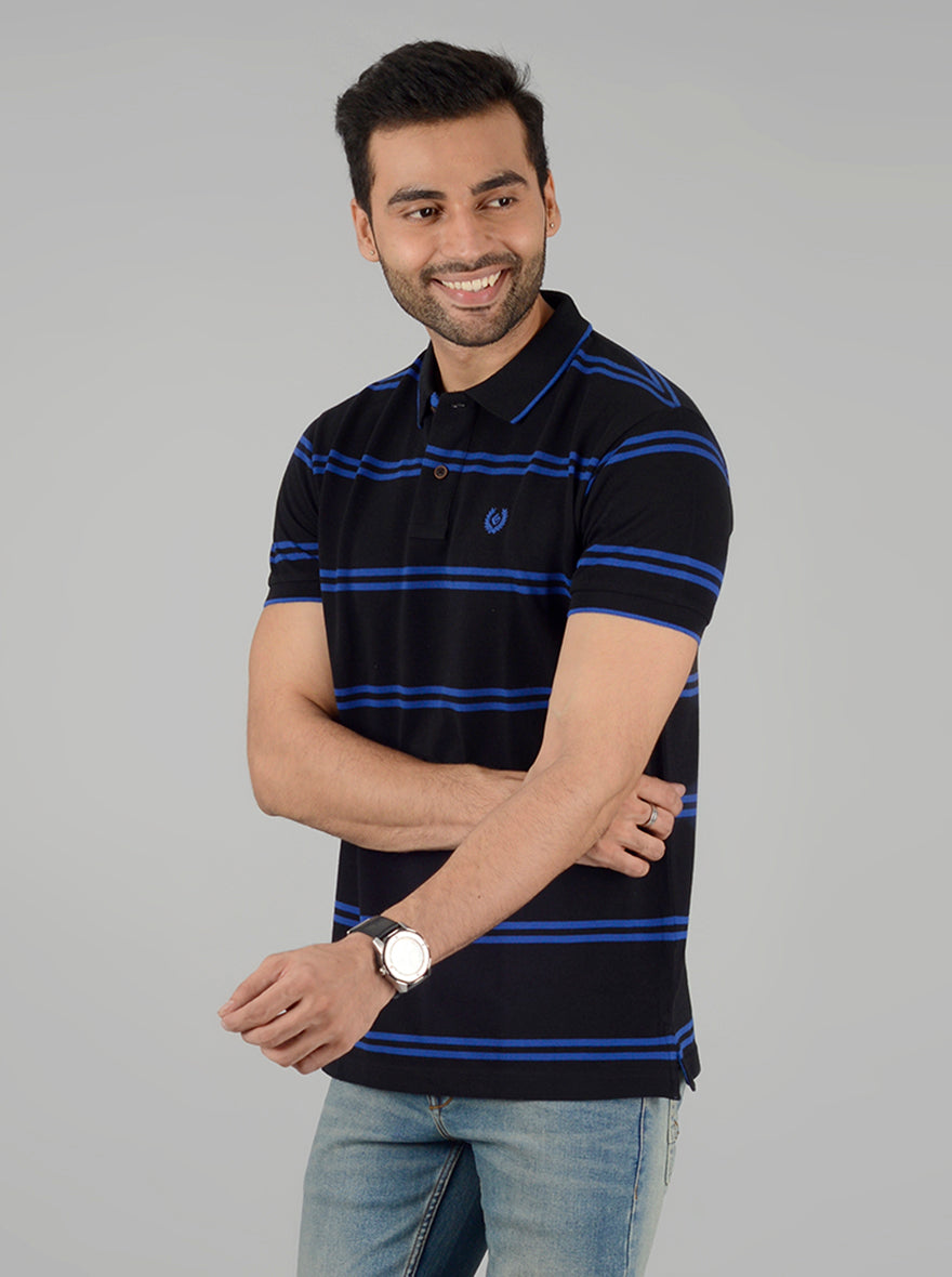 Black & Royal Blue Striped Slim Fit Polo T-Shirt | Greenfibre