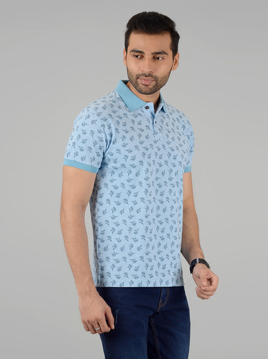 Light Blue Printed Slim Fit Polo T-Shirt | Greenfibre