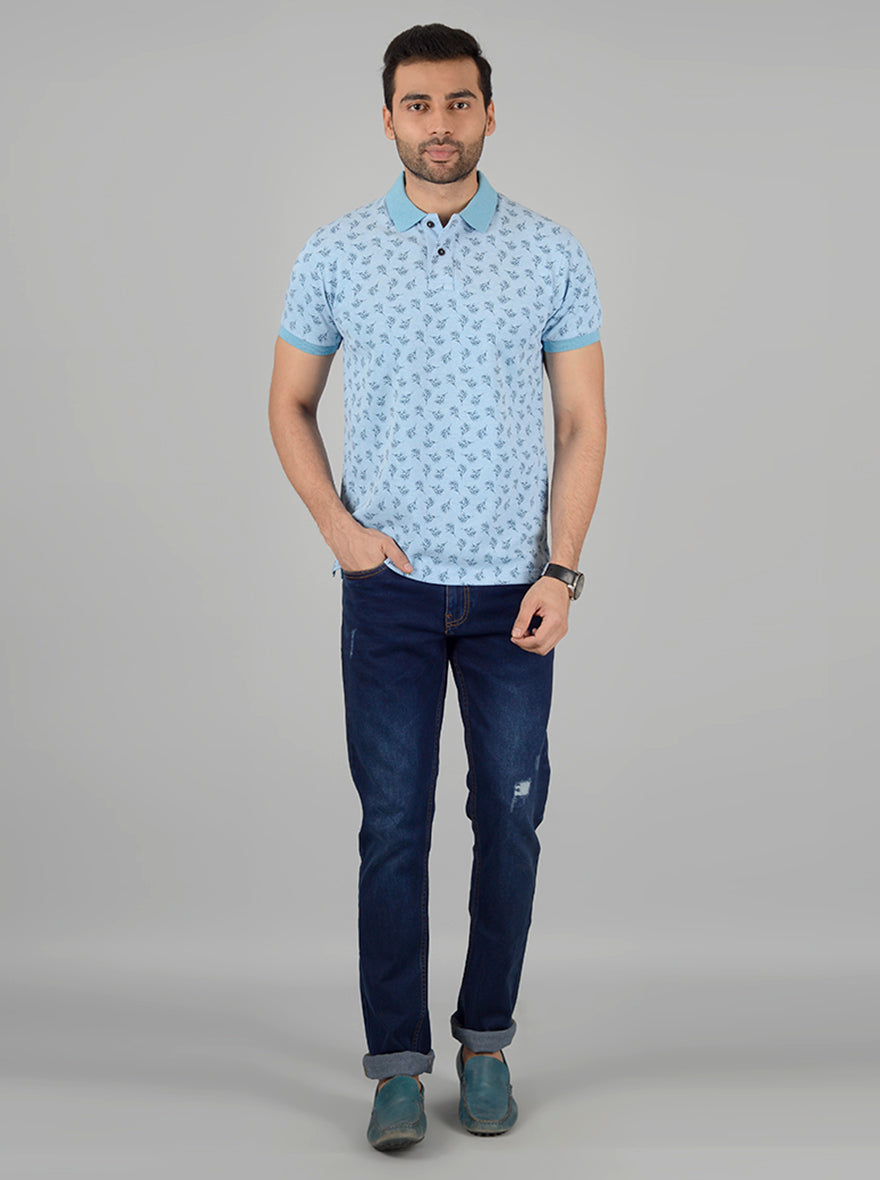 Light Blue Printed Slim Fit Polo T-Shirt | Greenfibre