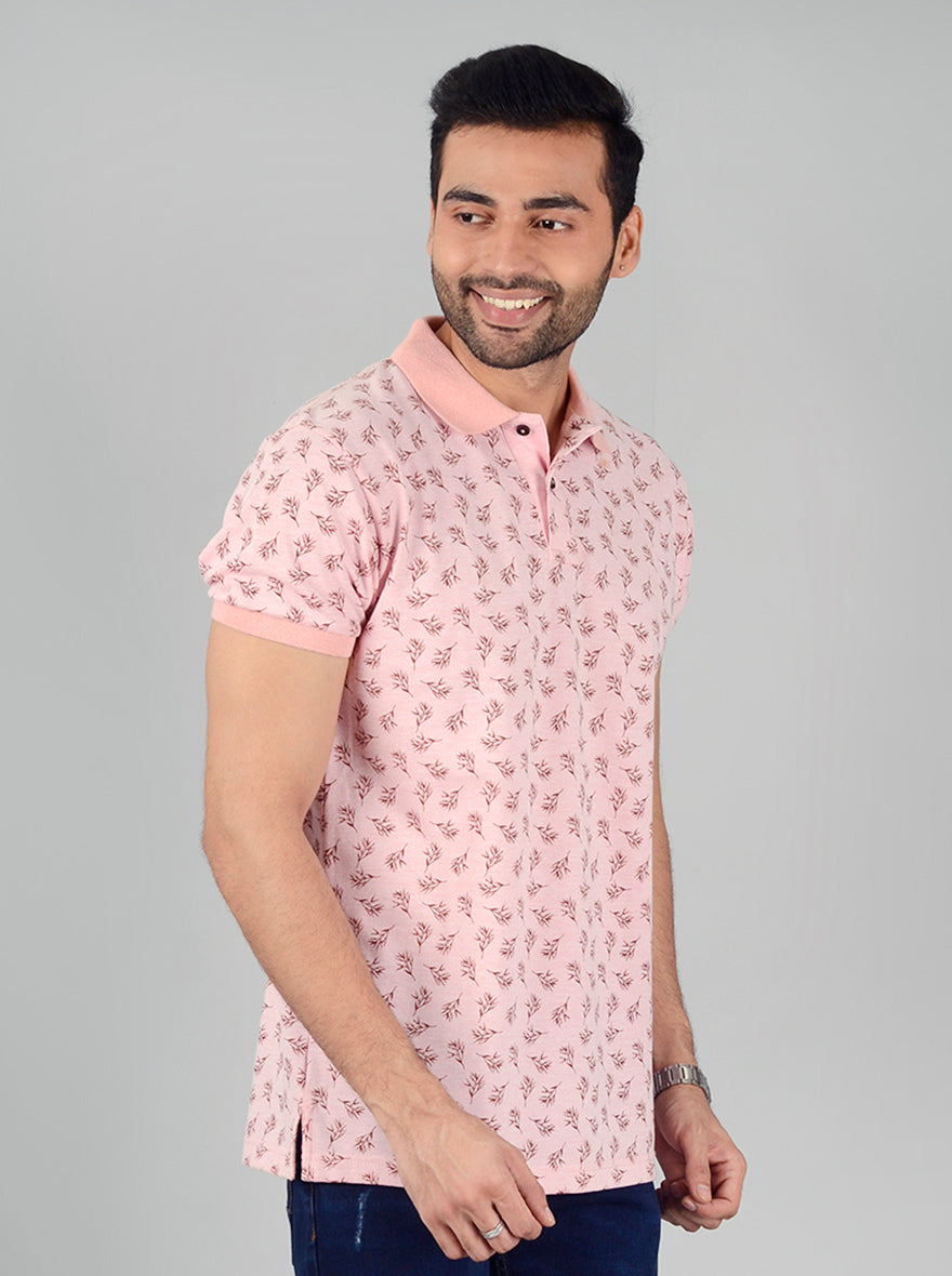 Light Pink Printed Slim Fit Polo T-Shirt | Greenfibre