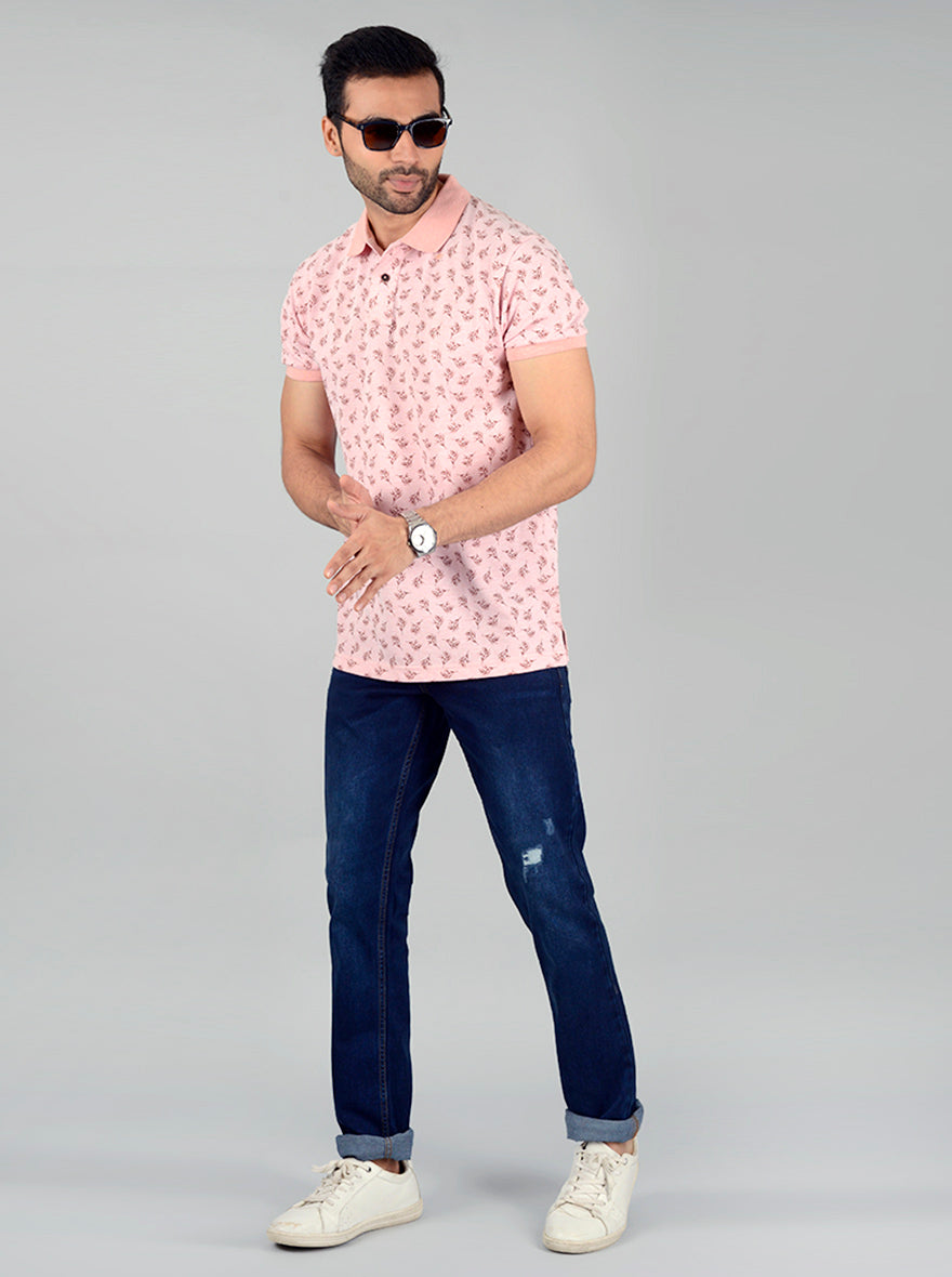 Light Pink Printed Slim Fit Polo T-Shirt | Greenfibre