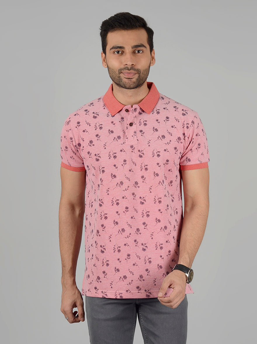 Light Pink Printed Slim Fit Polo T-Shirt | Greenfibre