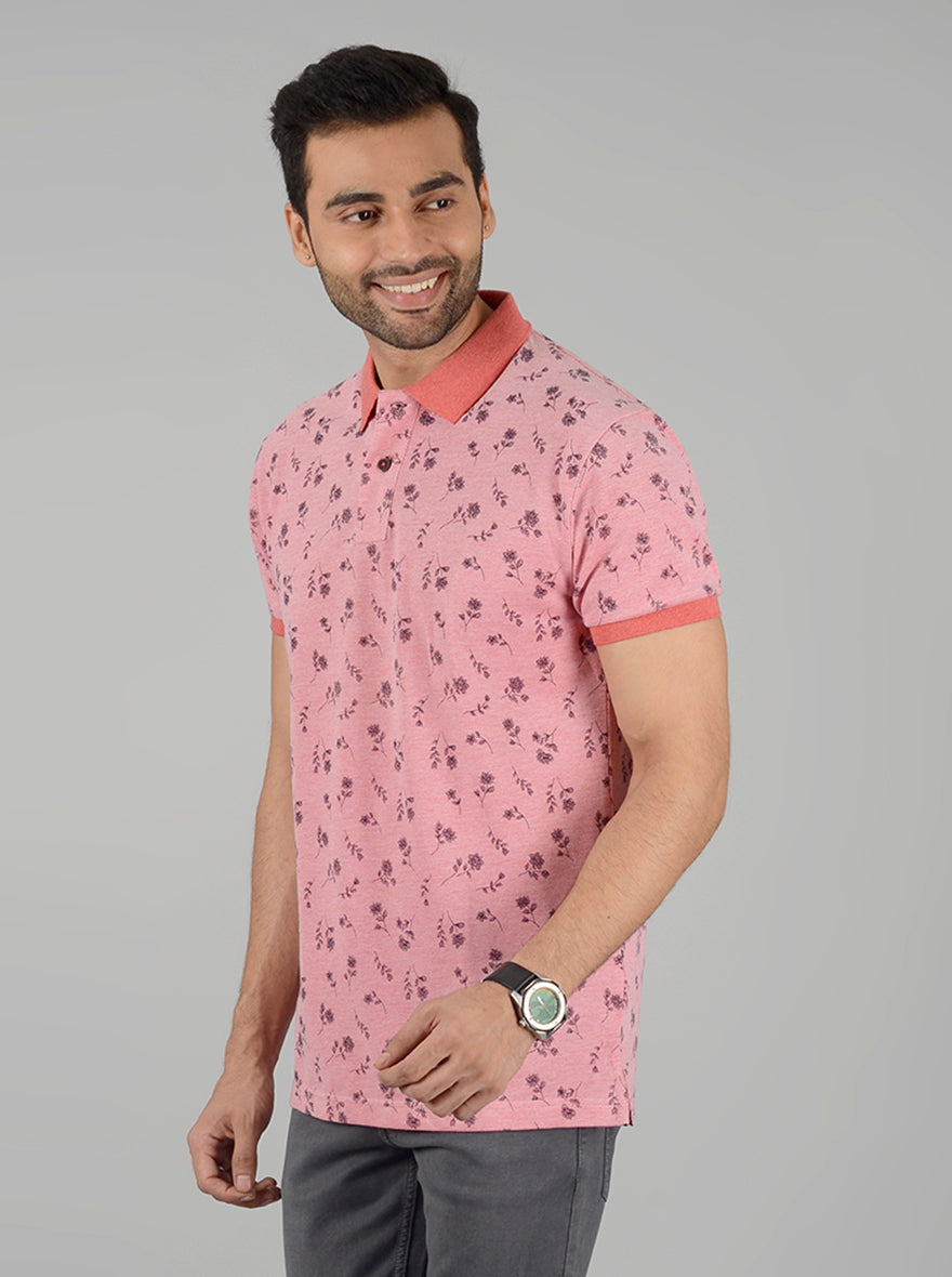 Light Pink Printed Slim Fit Polo T-Shirt | Greenfibre