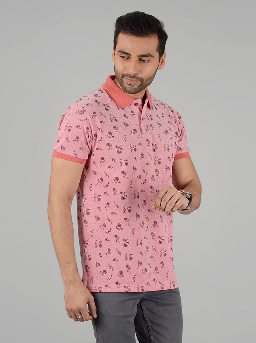 Light Pink Printed Slim Fit Polo T-Shirt | Greenfibre