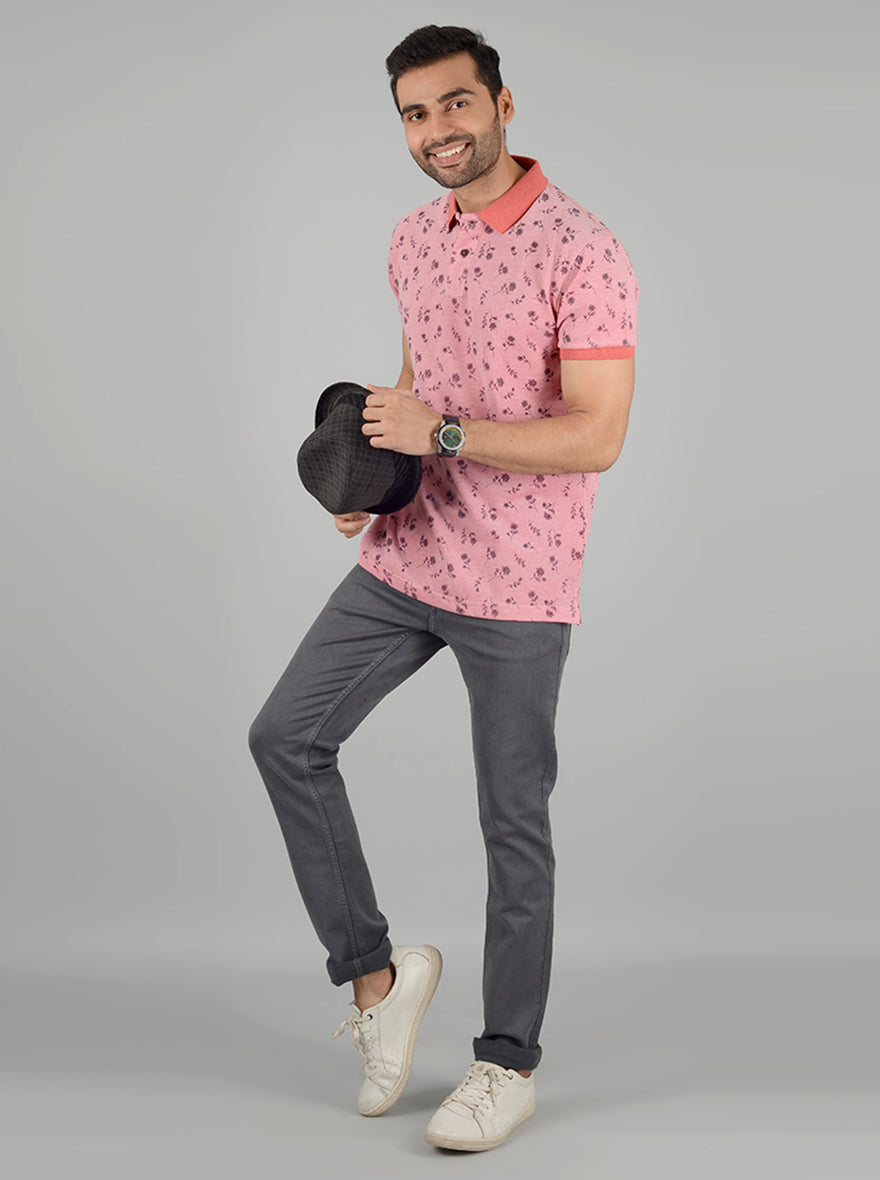 Light Pink Printed Slim Fit Polo T-Shirt | Greenfibre