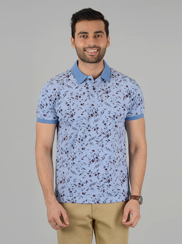 Sky Blue Printed Slim Fit Polo T-Shirt | Greenfibre