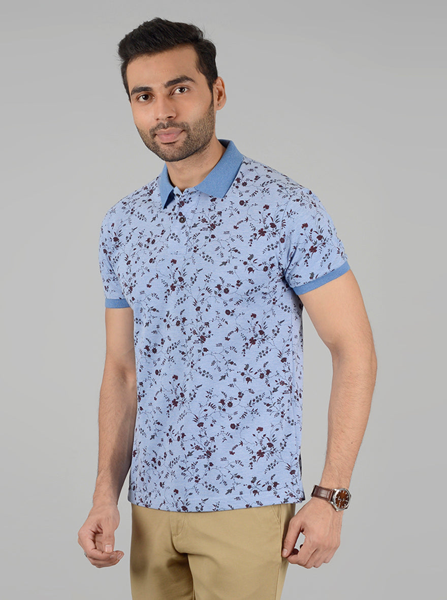 Sky Blue Printed Slim Fit Polo T-Shirt | Greenfibre