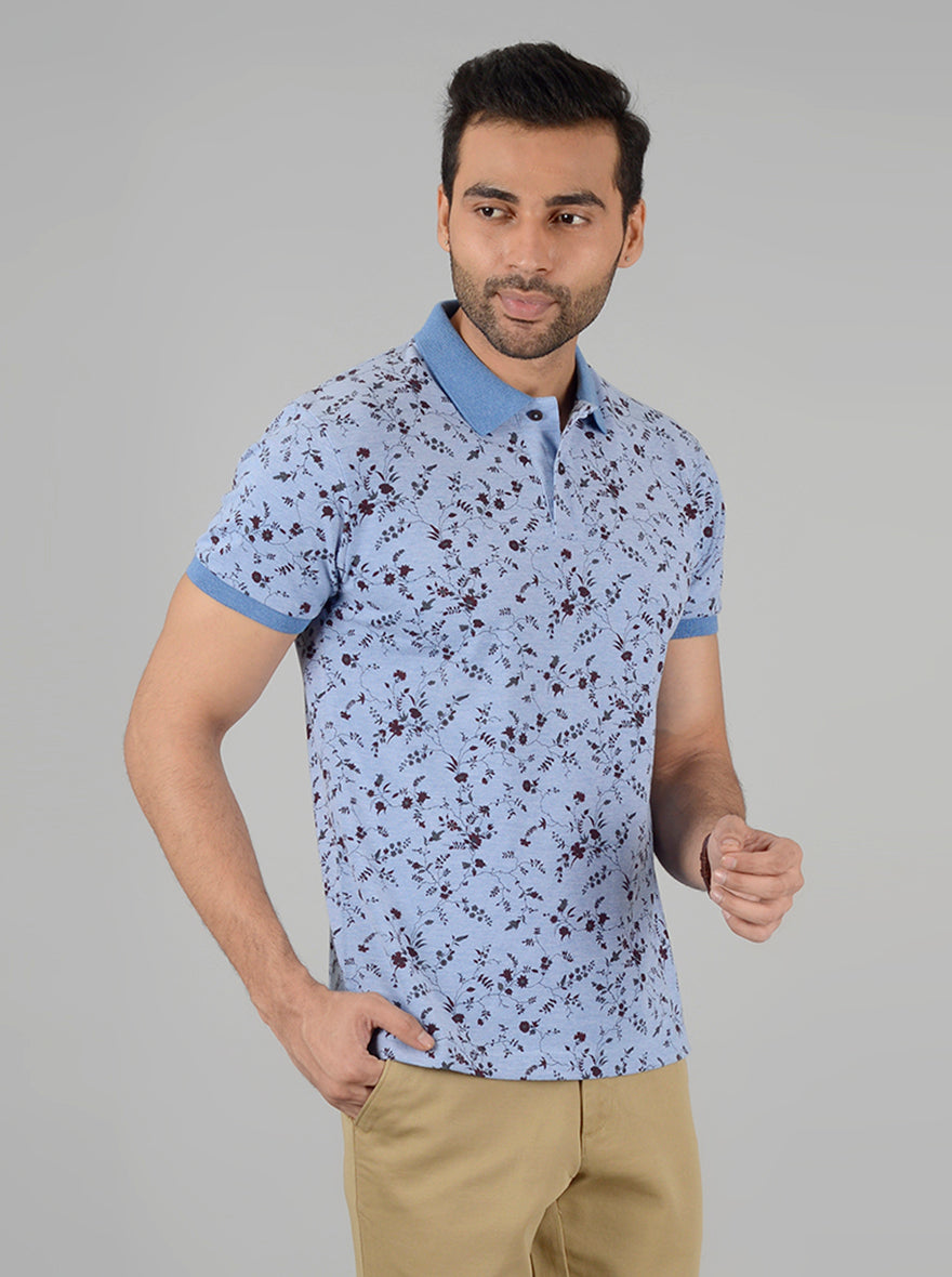 Sky Blue Printed Slim Fit Polo T-Shirt | Greenfibre