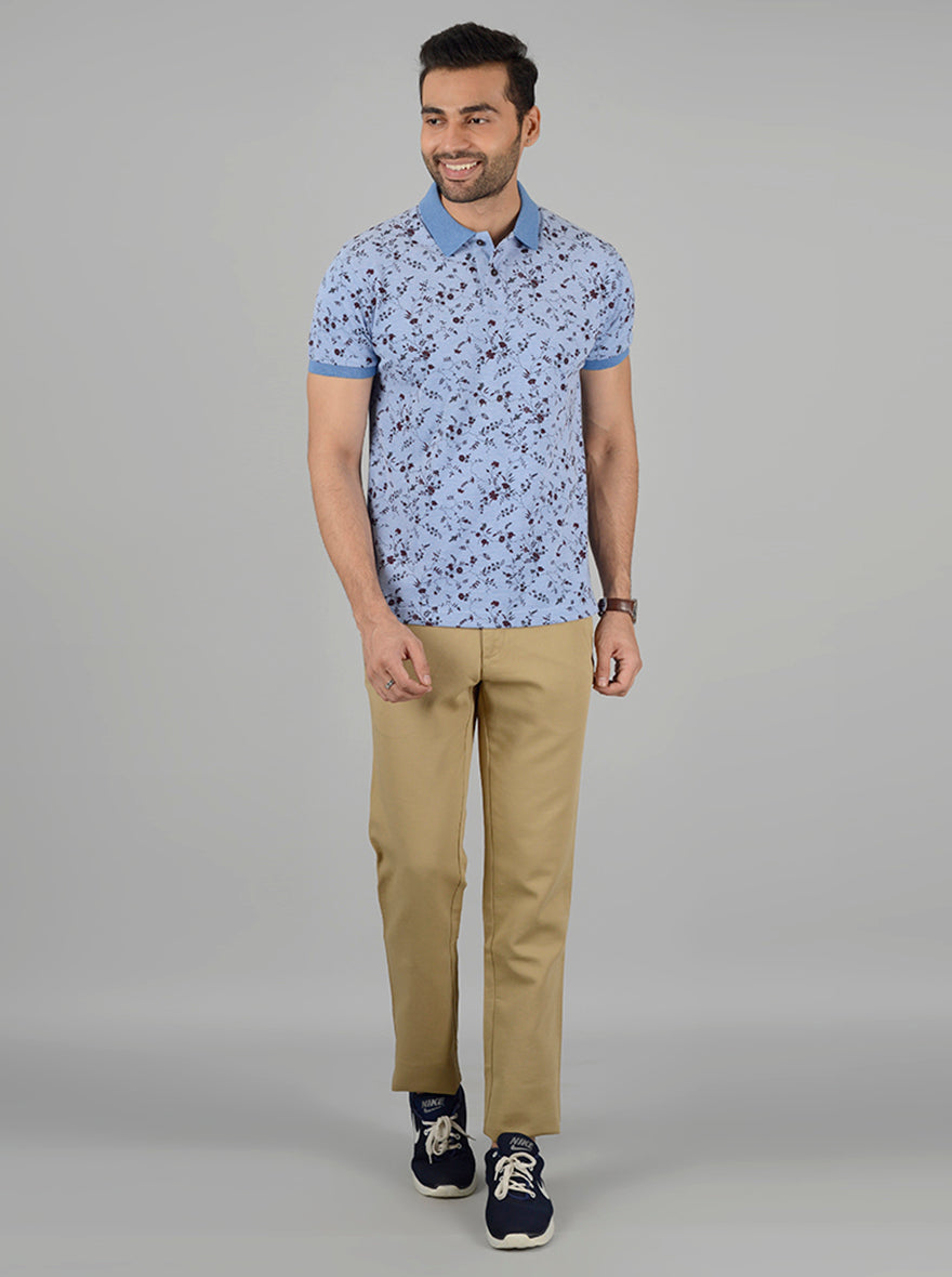 Sky Blue Printed Slim Fit Polo T-Shirt | Greenfibre