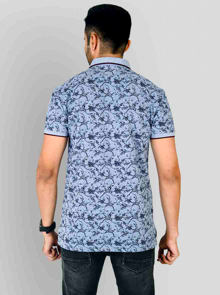 Jasper Blue Printed Slim Fit Polo T-shirt | Greenfibre