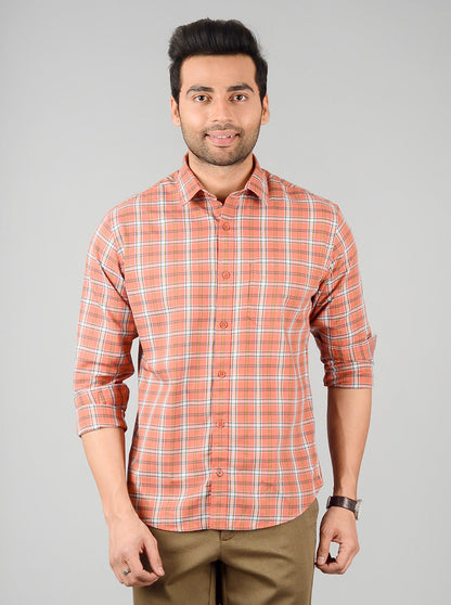 Apricot Orange Checked Regular Fit Casual Shirt | Greenfibre