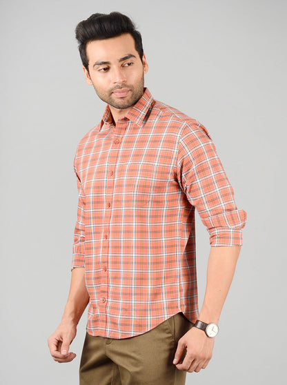 Apricot Orange Checked Regular Fit Casual Shirt | Greenfibre
