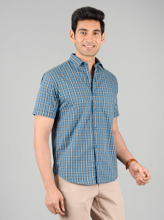 Carolina Blue Checked Regular Fit Casual Shirt | Greenfibre