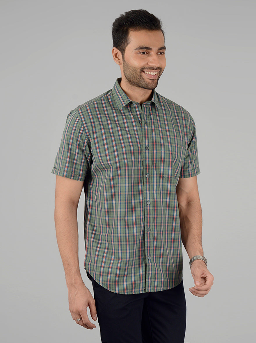 Sea Green Checked Classic Fit Casual Shirt | Greenfibre