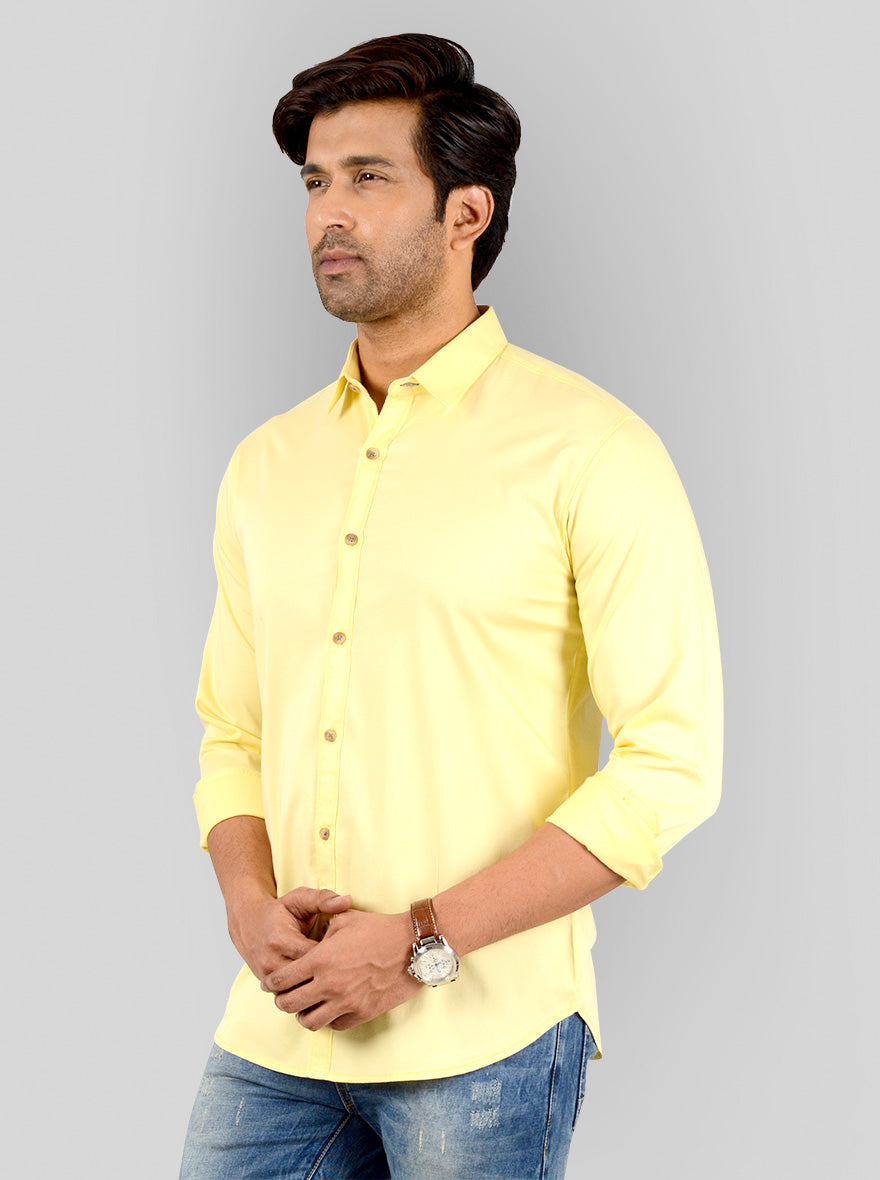 Lemon Yellow Solid Slim Fit Casual Shirt | Greenfibre