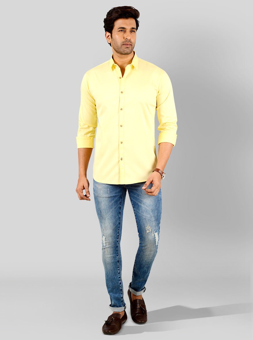 Lemon Yellow Solid Slim Fit Casual Shirt | Greenfibre