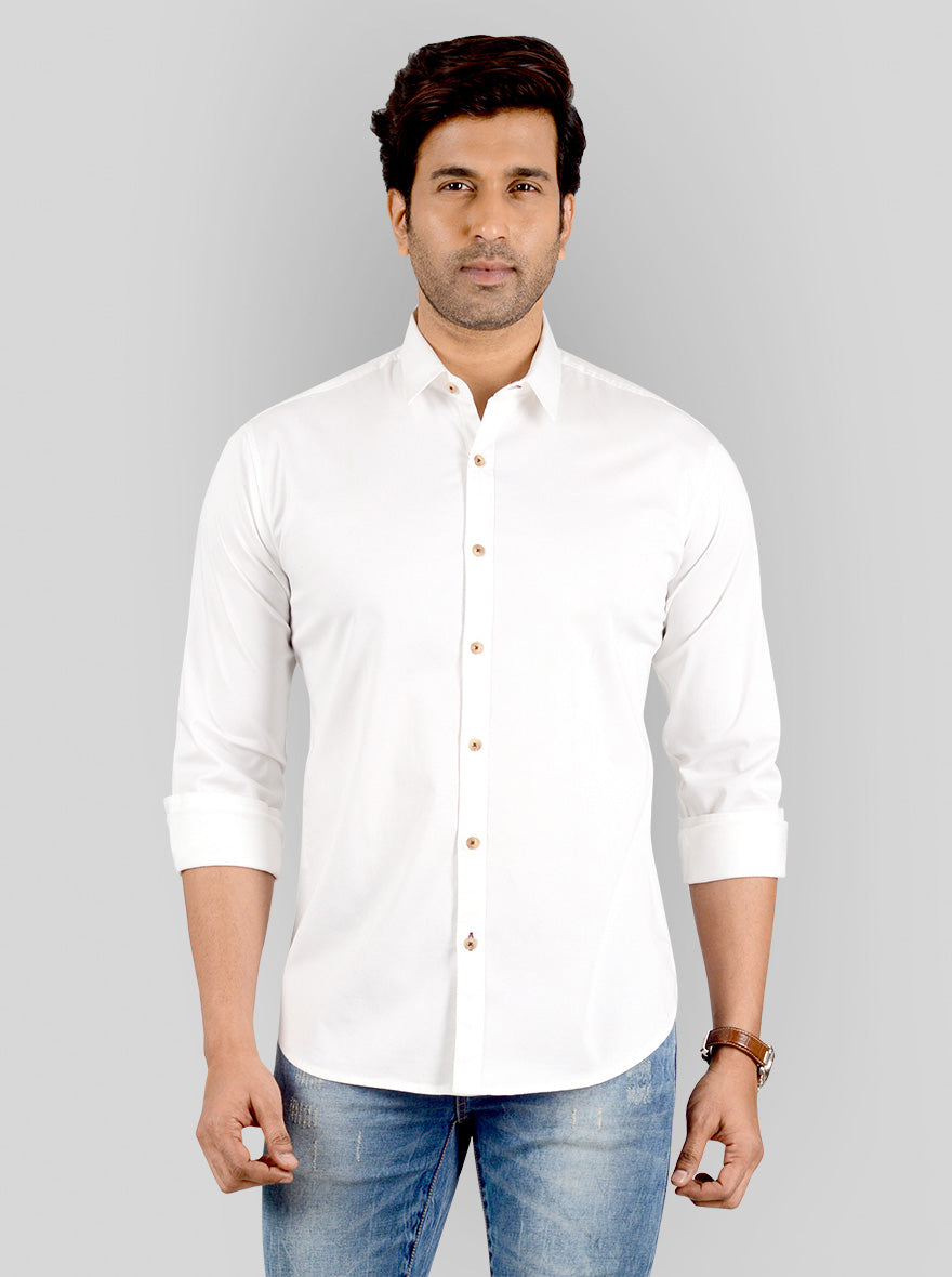 White Solid Slim Fit Casual Shirt | Greenfibre