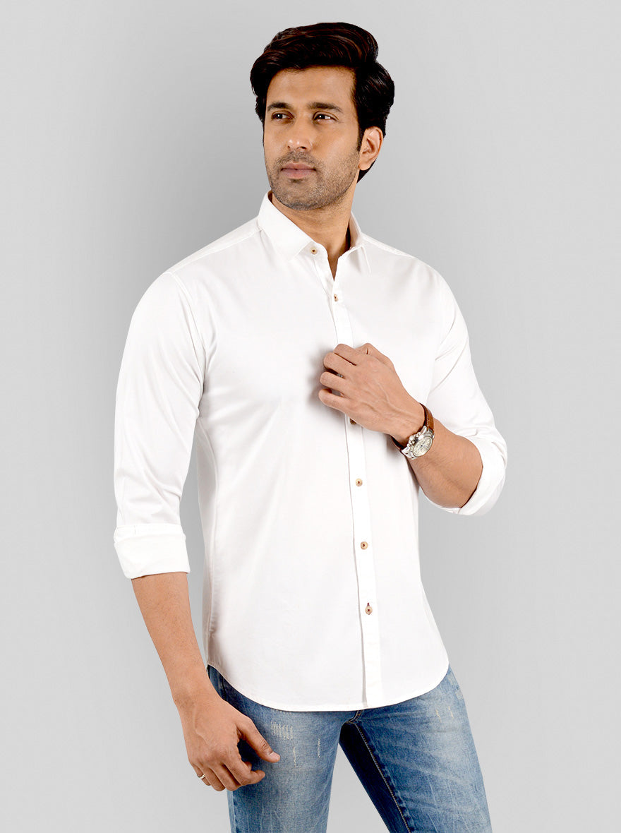 White Solid Slim Fit Casual Shirt | Greenfibre