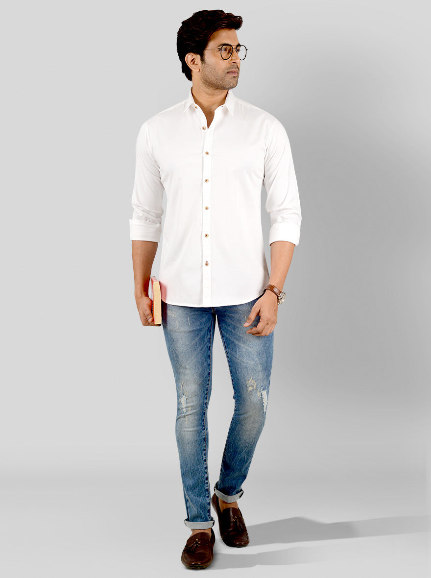 White Solid Slim Fit Casual Shirt | Greenfibre