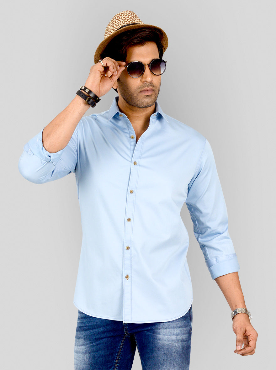 Sky Blue Solid Slim Fit Casual Shirt | Greenfibre