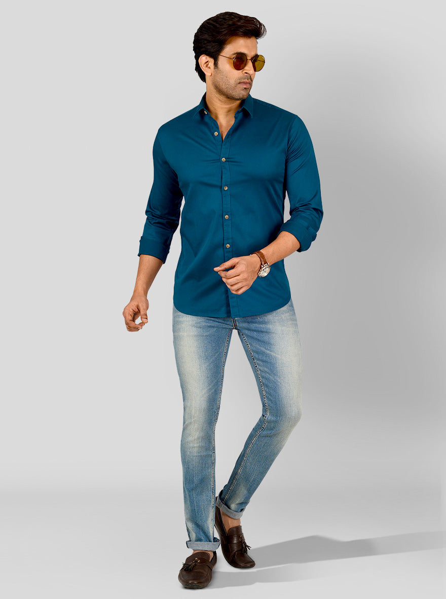 Air Blue Solid Slim Fit Casual Shirt | Greenfibre