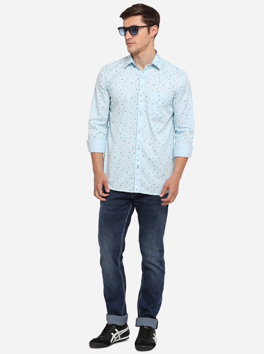 Light Blue Printed Smart Fit Semi Casual Shirt | Greenfibre