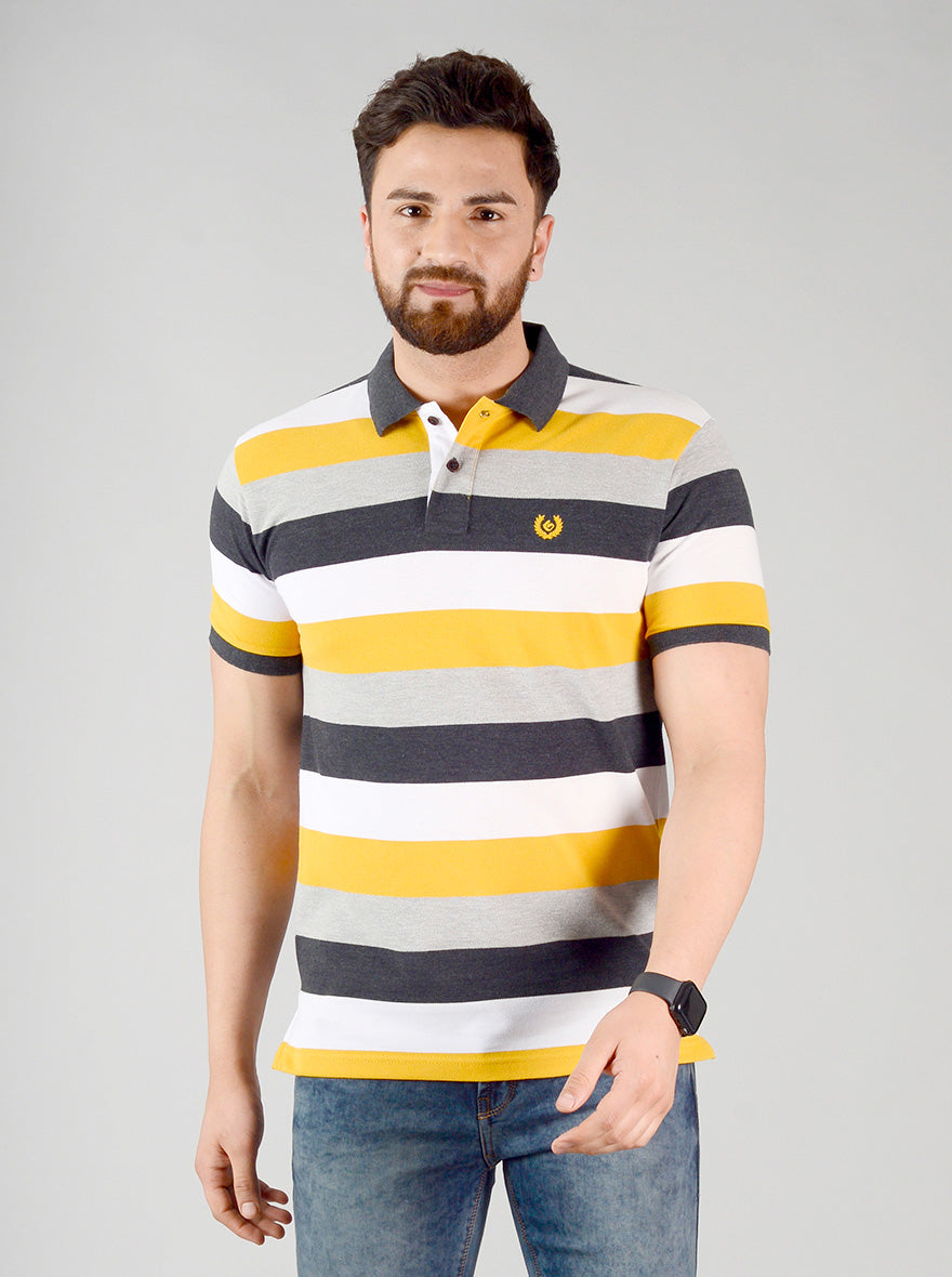 Spectra Yellow Striped Slim Fit Polo T-shirt | Greenfibre