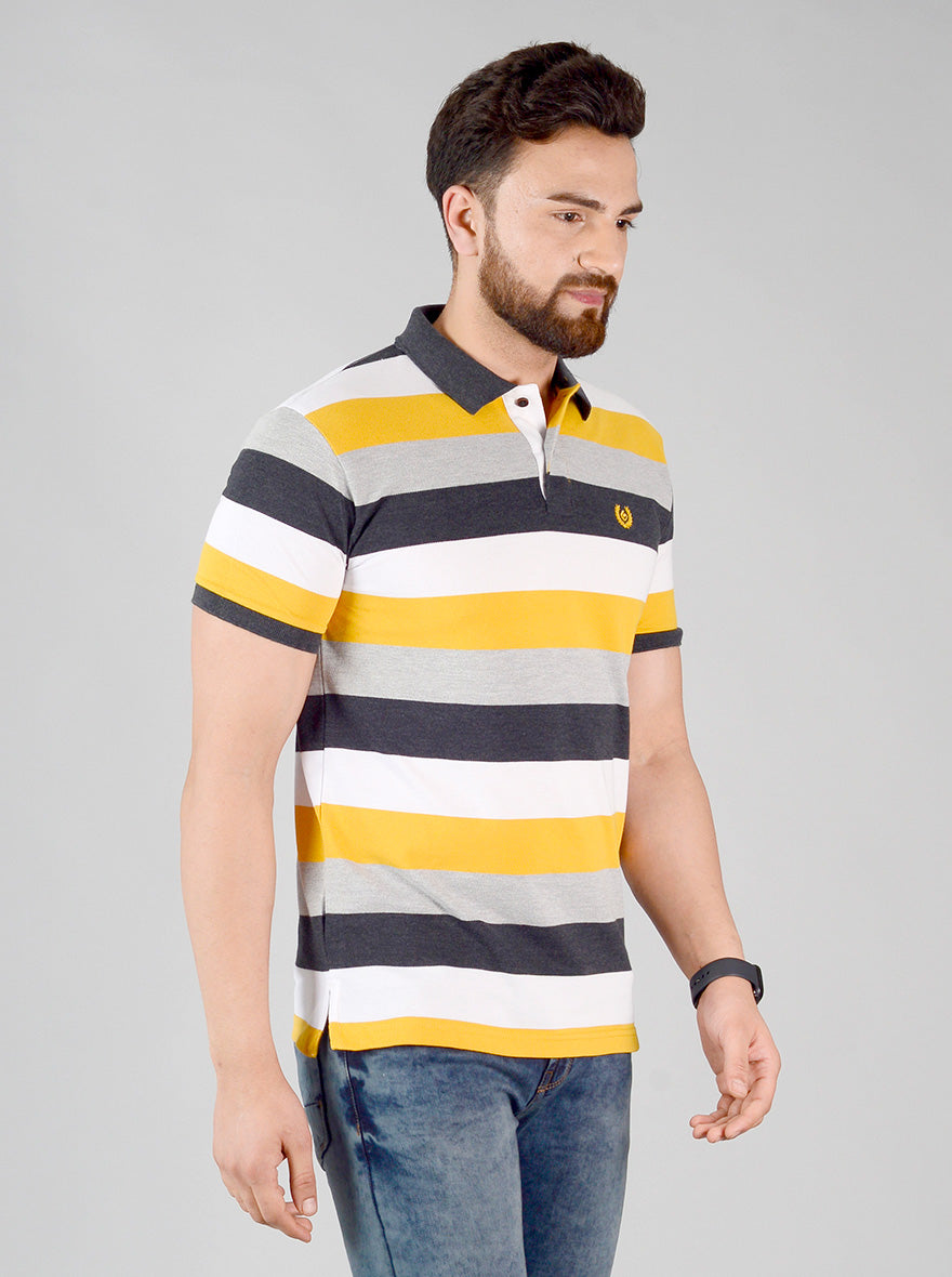 Spectra Yellow Striped Slim Fit Polo T-shirt | Greenfibre