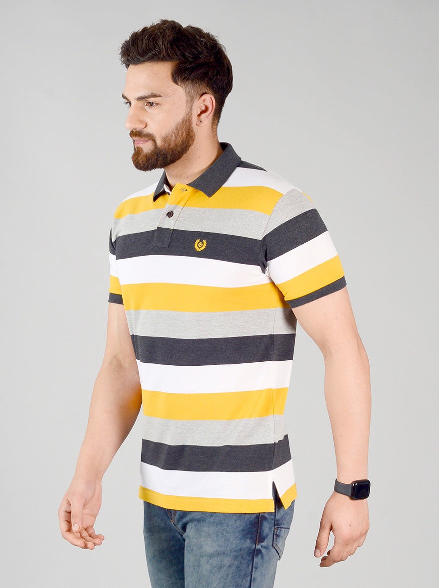 Spectra Yellow Striped Slim Fit Polo T-shirt | Greenfibre