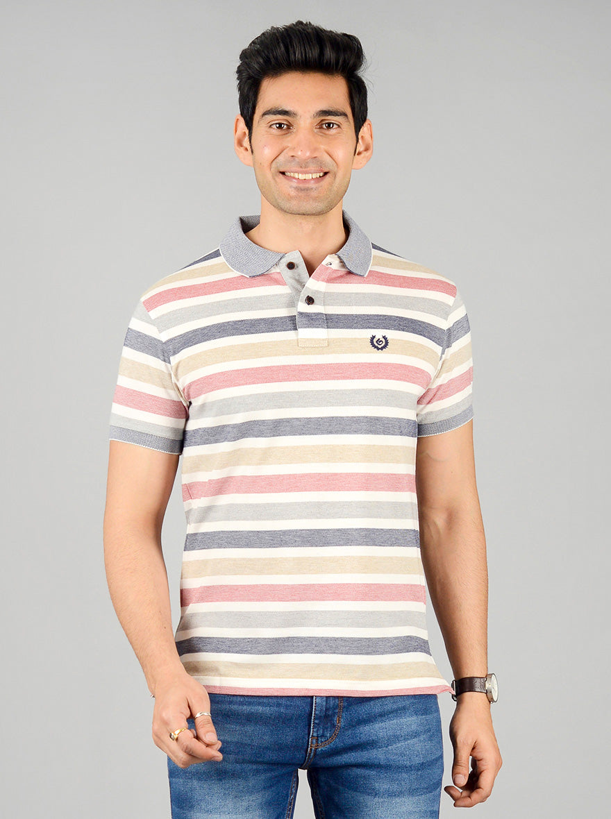 Light Grey Striped Slim Fit Polo T-shirt | Greenfibre