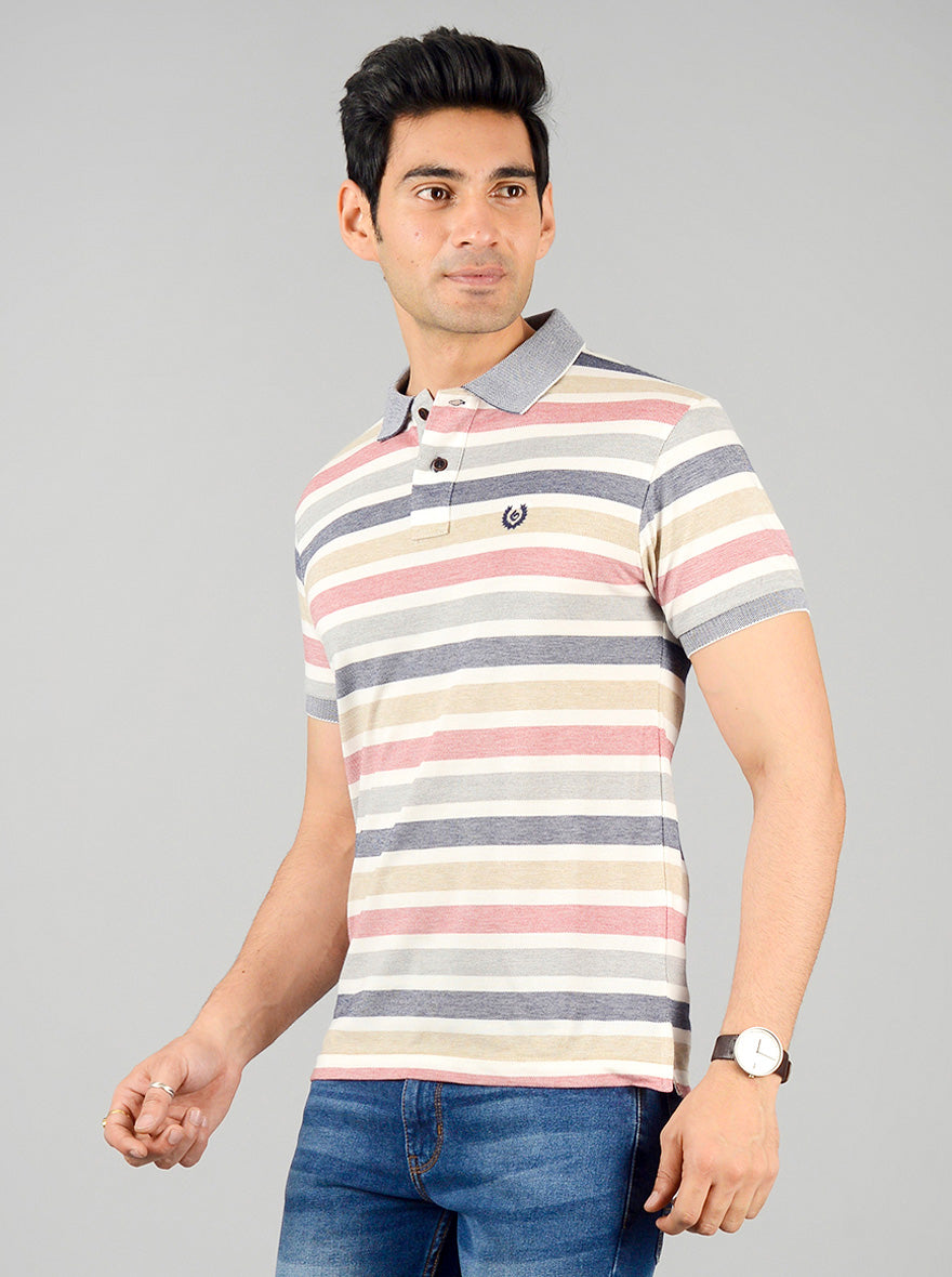 Light Grey Striped Slim Fit Polo T-shirt | Greenfibre