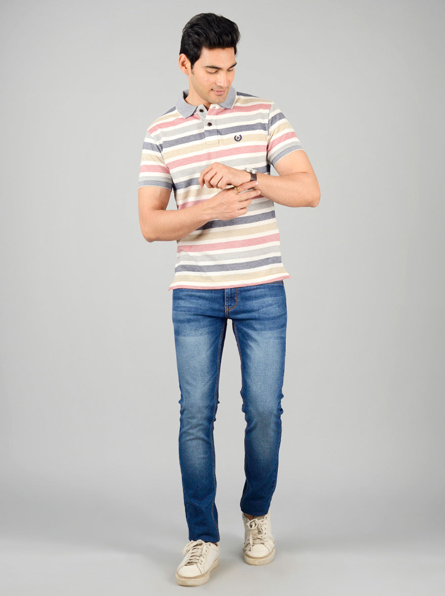 Light Grey Striped Slim Fit Polo T-shirt | Greenfibre