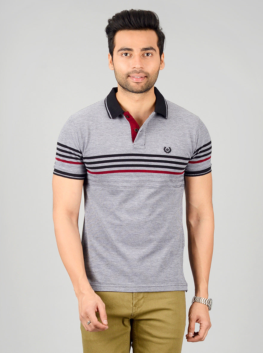 Grey & Black Striped Slim Fit Polo T-shirt | Greenfibre