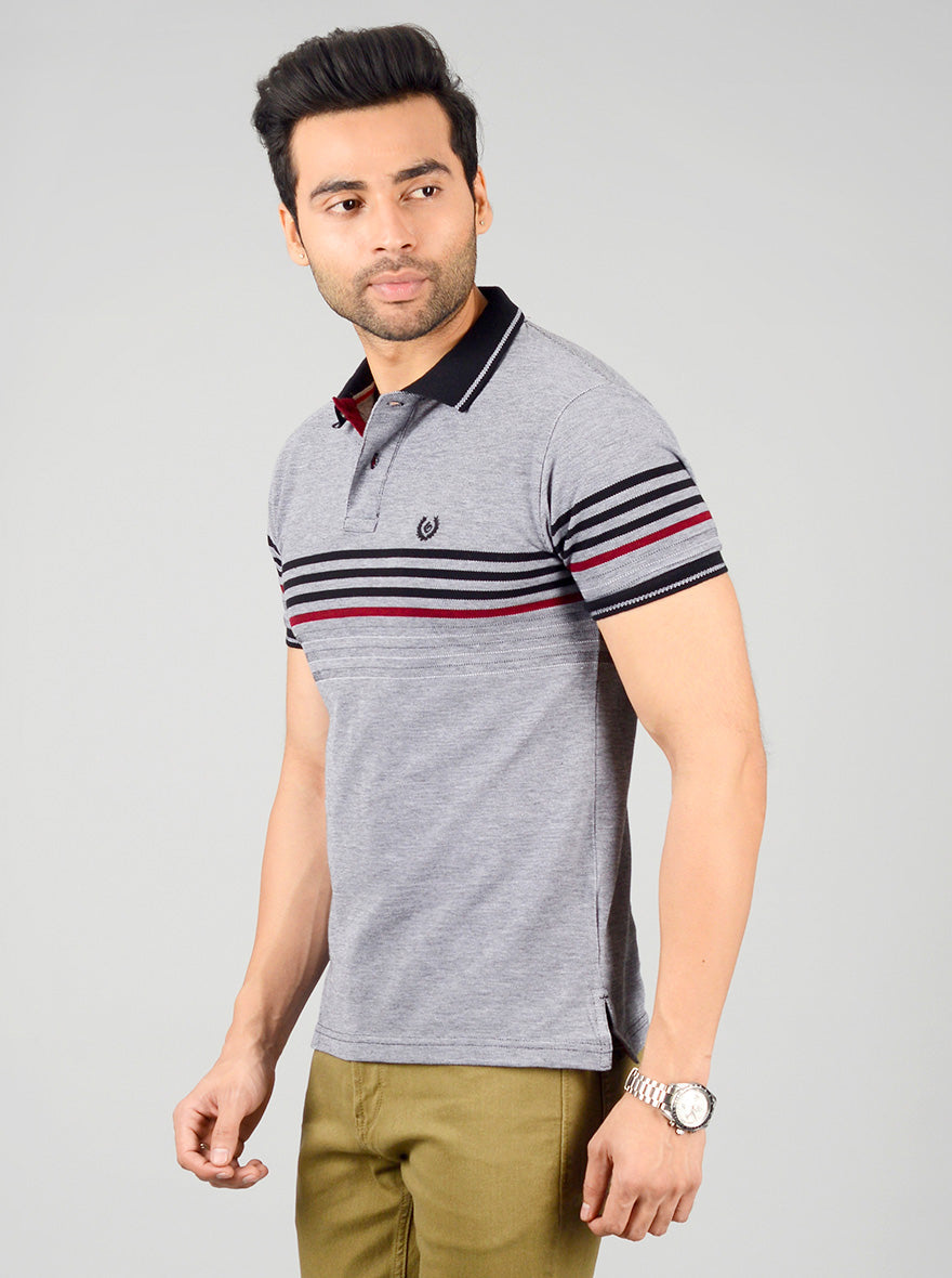 Grey & Black Striped Slim Fit Polo T-shirt | Greenfibre