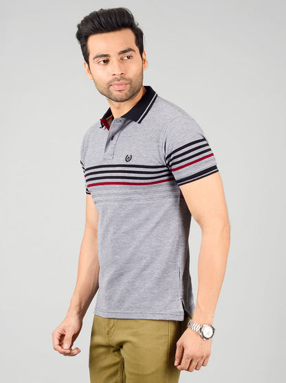 Grey & Black Striped Slim Fit Polo T-shirt | Greenfibre