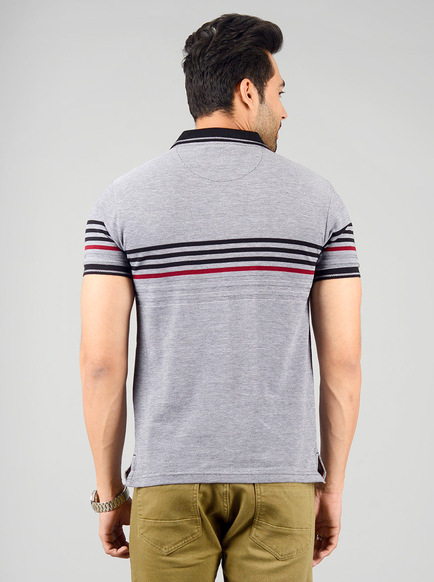 Grey & Black Striped Slim Fit Polo T-shirt | Greenfibre