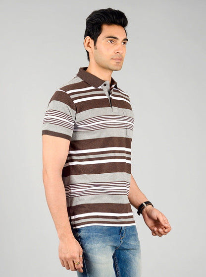 Grey & Brown Striped Slim Fit Polo T-shirt | Greenfibre