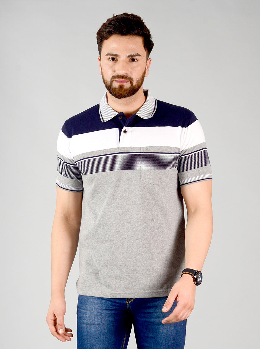 Monument Grey Striped Slim Fit Polo T-shirt | Greenfibre