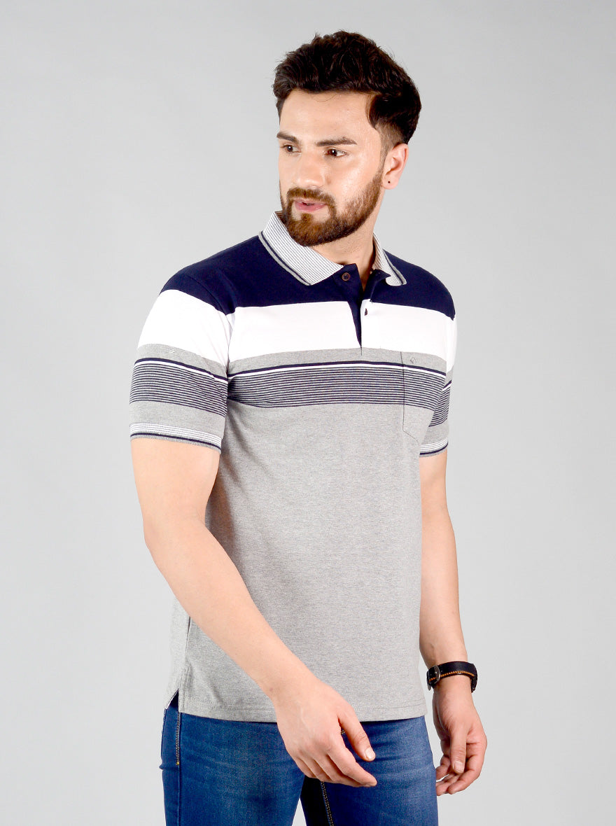 Monument Grey Striped Slim Fit Polo T-shirt | Greenfibre