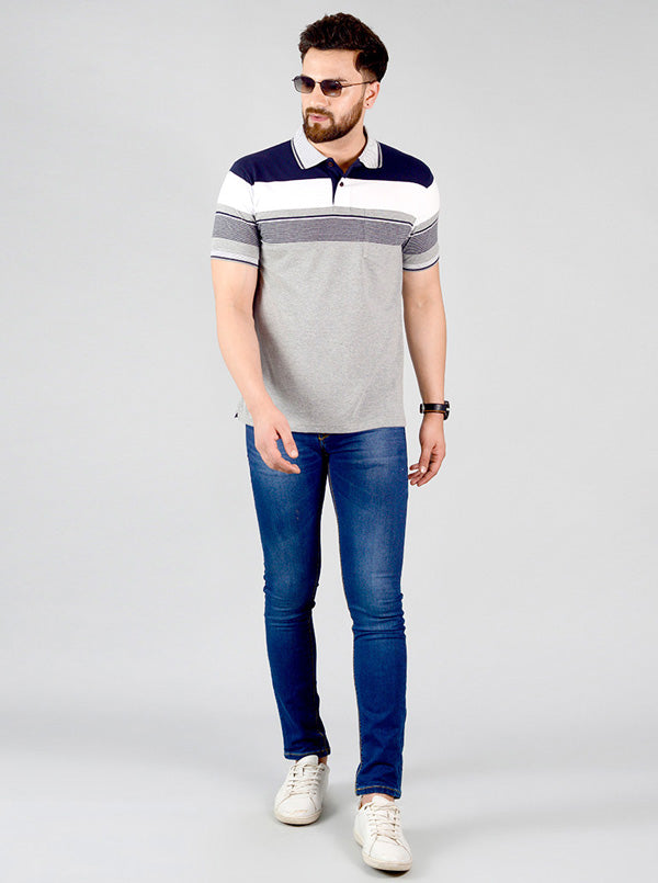 Monument Grey Striped Slim Fit Polo T-shirt | Greenfibre