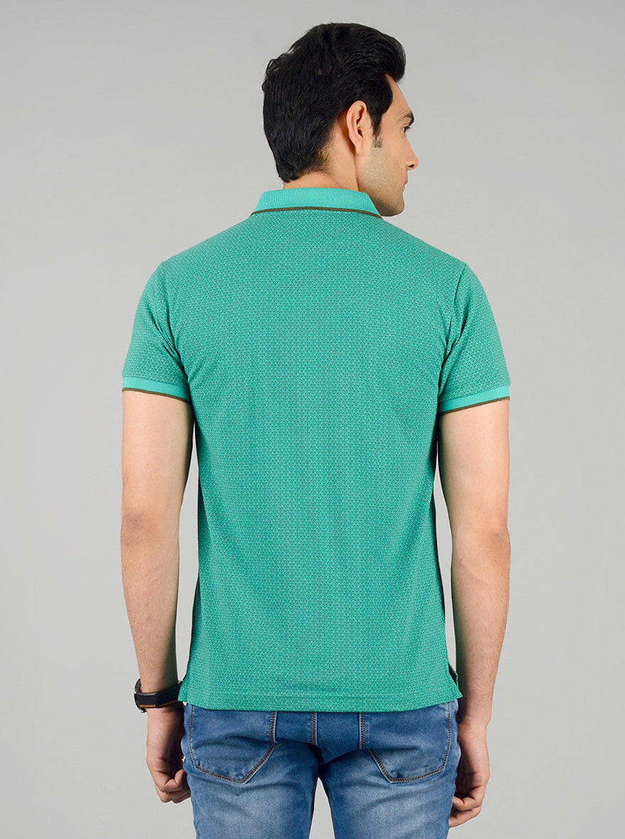 Dark Aqua Green Printed Slim Fit Polo T-shirt | Greenfibre