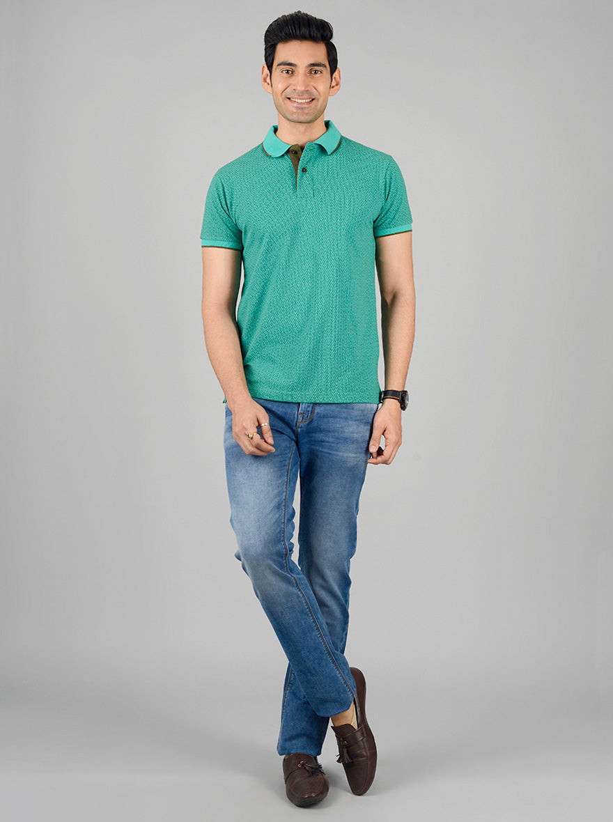 Dark Aqua Green Printed Slim Fit Polo T-shirt | Greenfibre