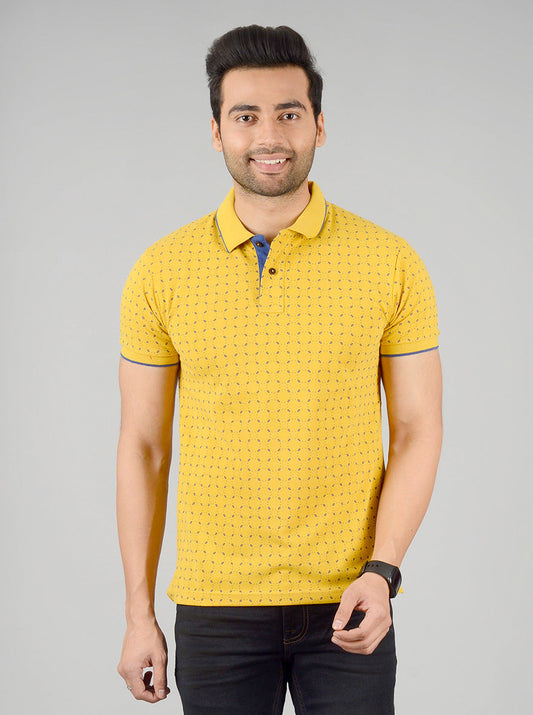 Golden Yellow Printed Slim Fit Polo T-shirt | Greenfibre