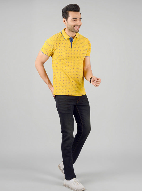 Golden Yellow Printed Slim Fit Polo T-shirt | Greenfibre