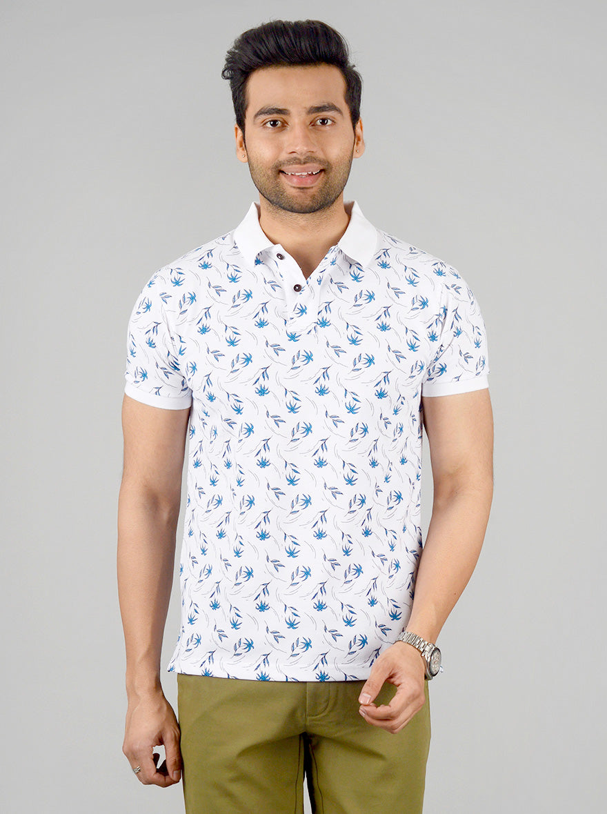 White & Blue Printed Slim Fit Polo T-shirt | Greenfibre