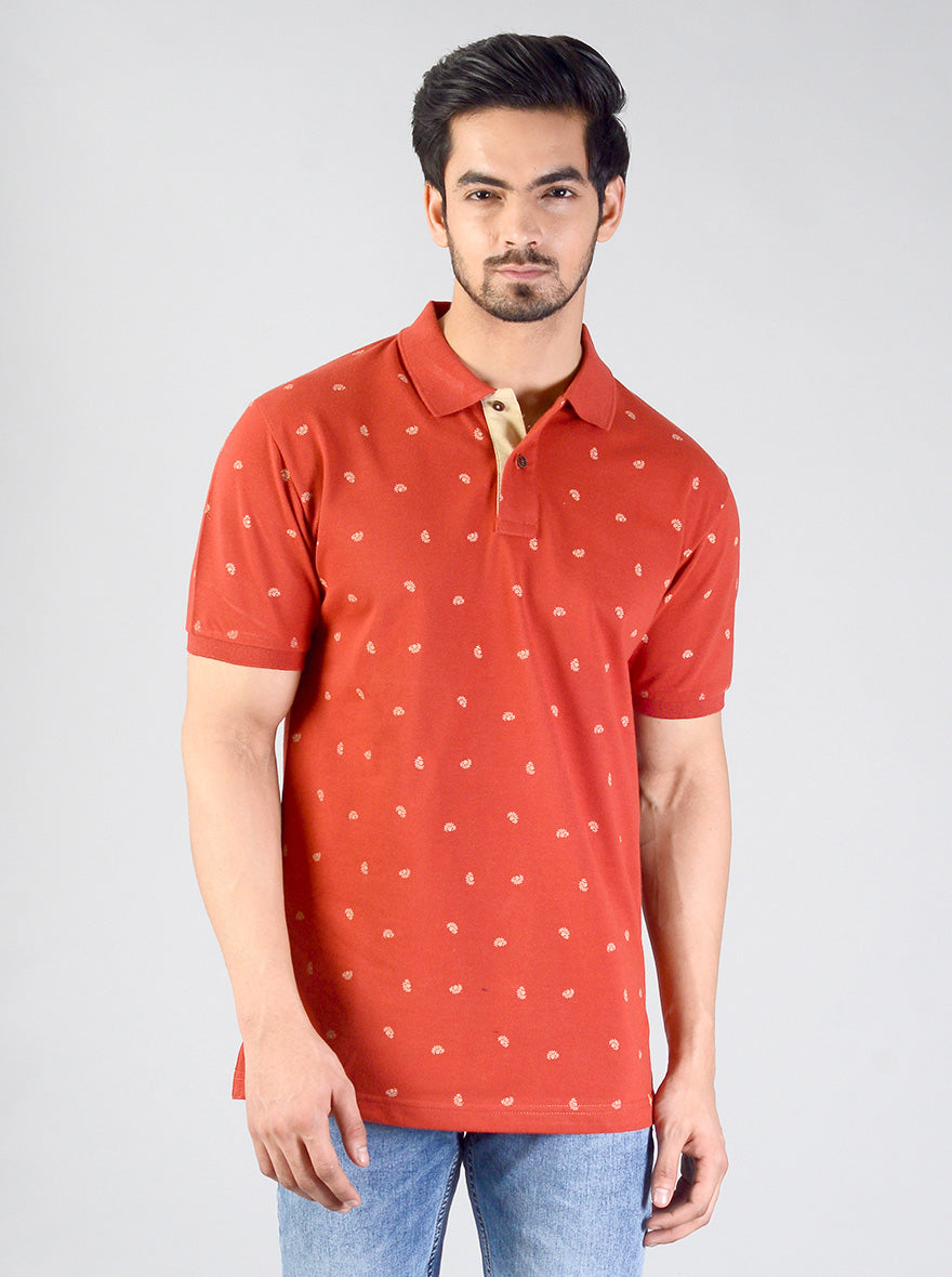 Pompeian Red Printed Slim Fit Polo T-shirt | Greenfibre