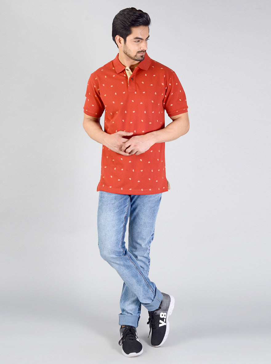 Pompeian Red Printed Slim Fit Polo T-shirt | Greenfibre