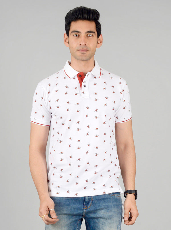 Bright White Printed Slim Fit Polo T-shirt | Greenfibre