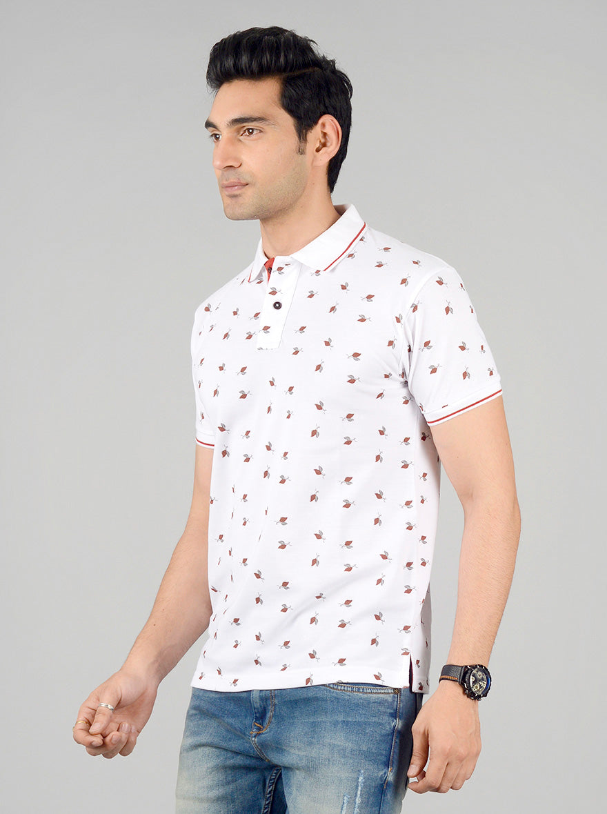 Bright White Printed Slim Fit Polo T-shirt | Greenfibre